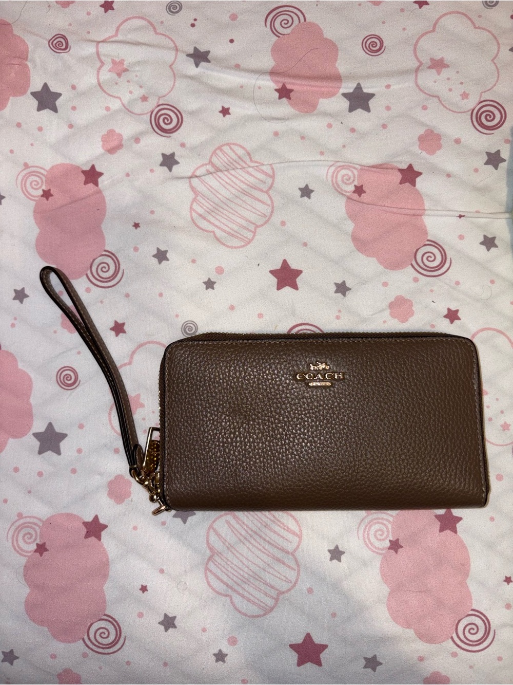 Coach Brown Pebbled Leather Zip Wristlet with Gold Logo